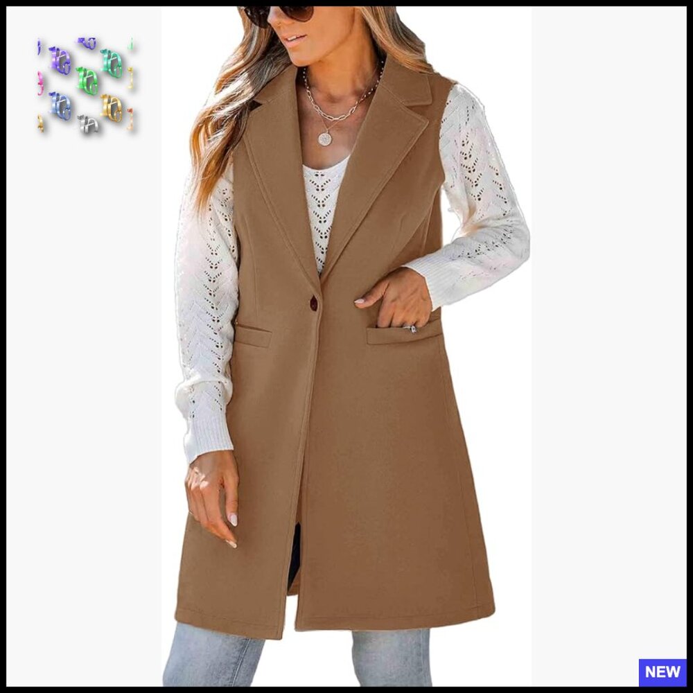 Long Wool Vest Sleeveless Blazer Trench Coat Slim Fit Formal Office Wear